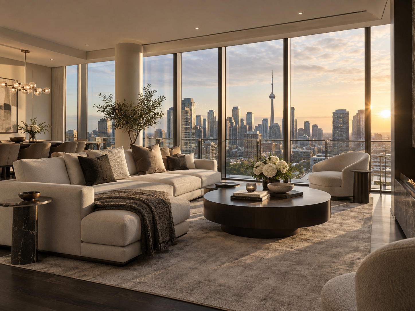 Yorkville penthouse living room with skyline view